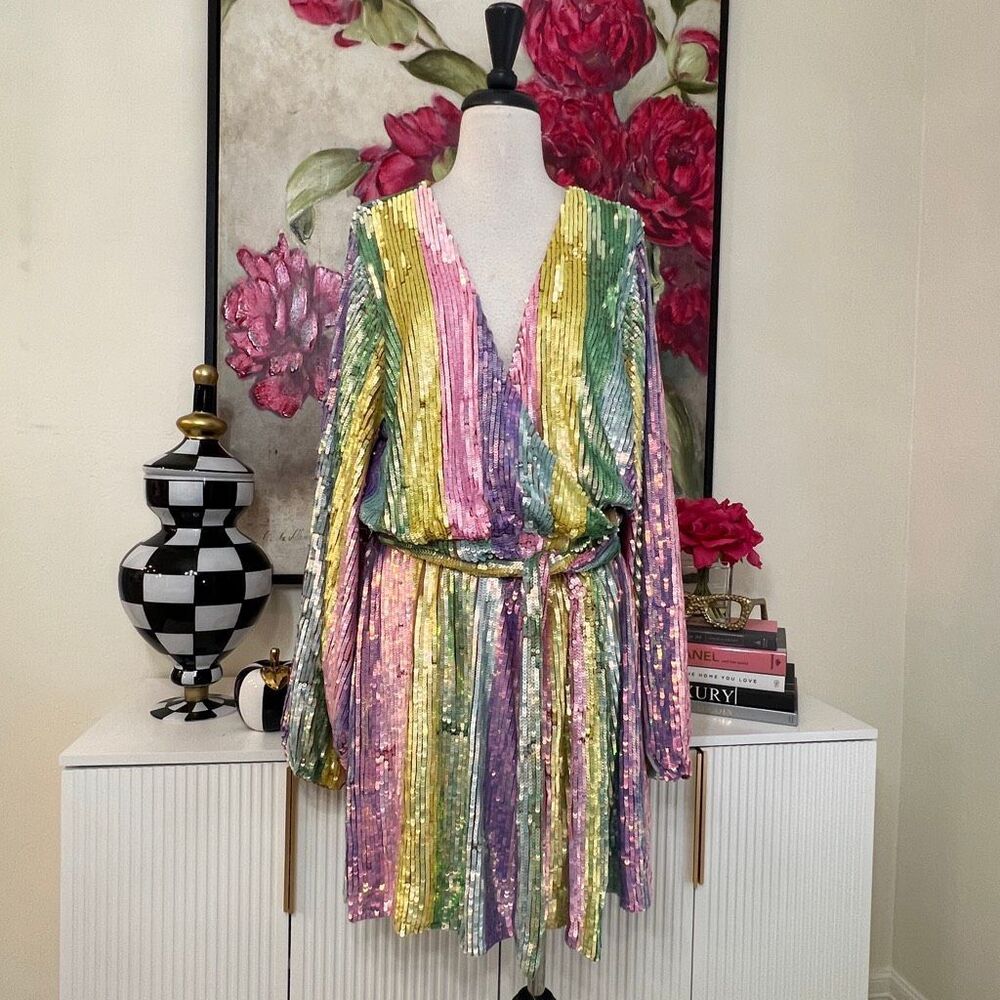 Show Me Your Mumu Women's Rainbow Stripe Sequins Wrap Dress Multicolor Size 2XL